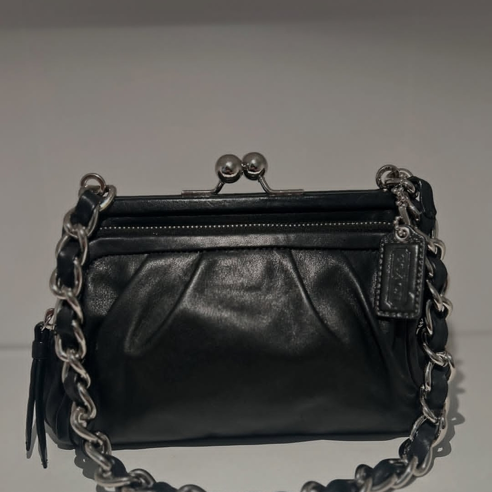 Coach Parker Kisslock Black Leather Chain Shoulder Bag With Coach Spider Charm